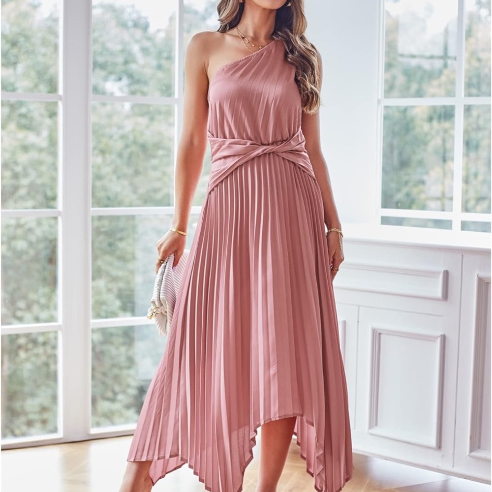 Pink One-Shoulder Sundress for Wedding Guests STYLEWORD satan dress